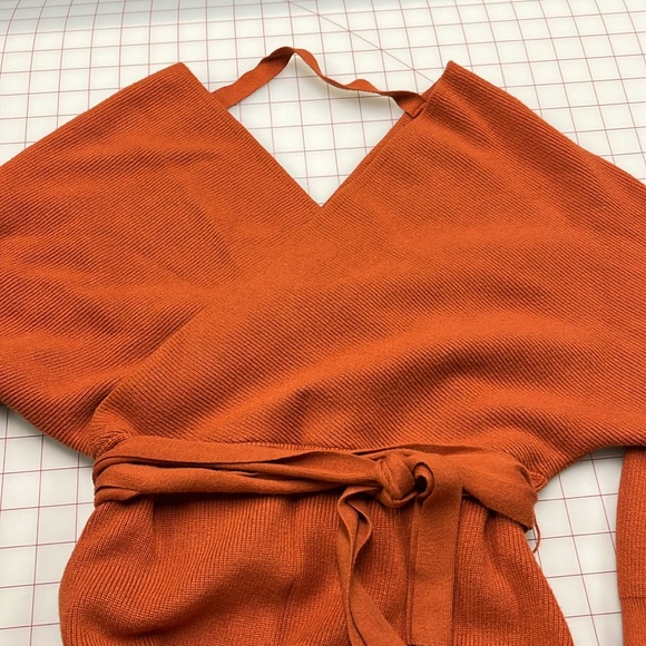 CHERFLY Dolman SLV Faux Wrap Backless Bodycon/Glam Belt Caramel Sweater Dress S - Picture 8 of 16